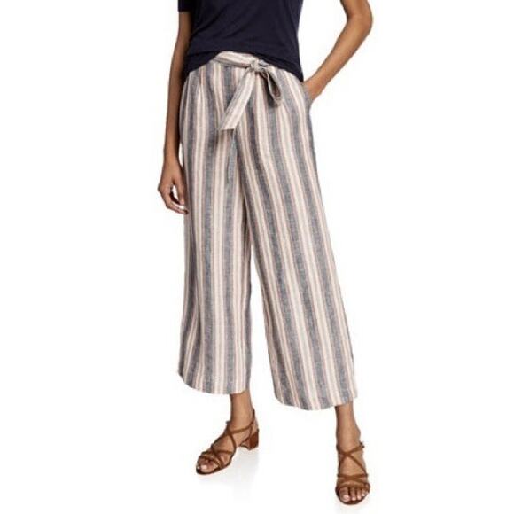 Frame Size 10 Striped Self Tie 100% Linen Wide Leg Cropped Pants - Picture 1 of 5